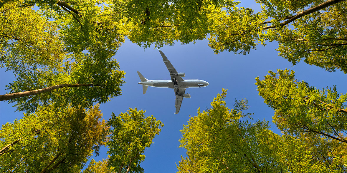 Airplane flying over forest - Carbon offsetting